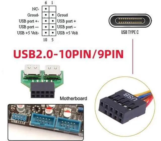 Alt view image 7 of 7 - Dual Ports USB 3.1 Type C USB-C Female to USB 2.0 Motherboard 9pin 10pin Header Adapter PCBA 480Mbps