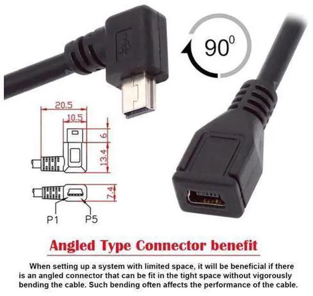 Alt view image 4 of 7 - 90 Degree Left Angled Mini USB 5Pin Male to Female Extension Cable 30cm for GPS Camera