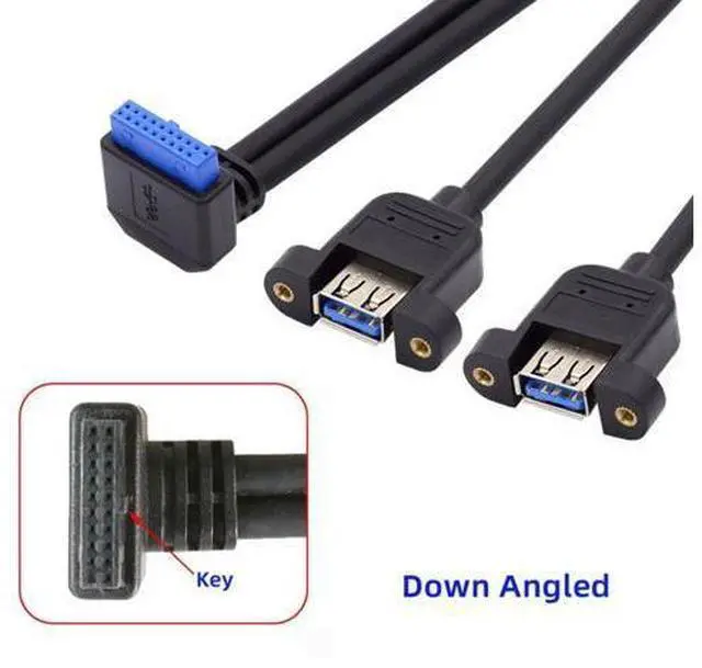 Alt view image 2 of 7 - 2 Ports USB 3.0 Female to Motherboard 20Pin Male Cable for Front Panel Screw Mount Type 30cm 90 Degree Down Angled