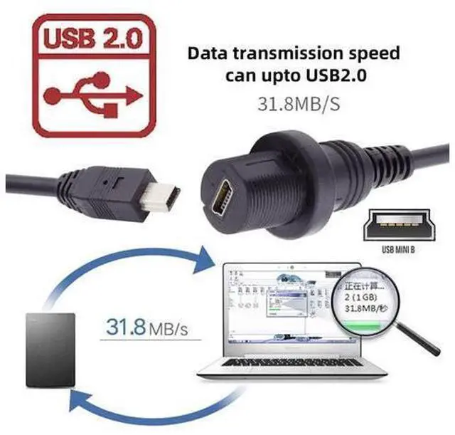 Alt view image 3 of 7 - 1m Waterproof Dustproof 480Mbps Mini USB2.0 5Pin Male to Female Extension Data Power Cable Car Panel Mount Design