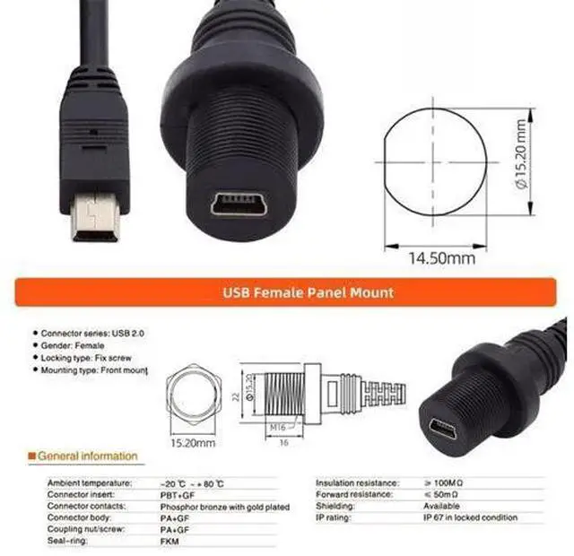 Alt view image 5 of 7 - 1m Waterproof Dustproof 480Mbps Mini USB2.0 5Pin Male to Female Extension Data Power Cable Car Panel Mount Design