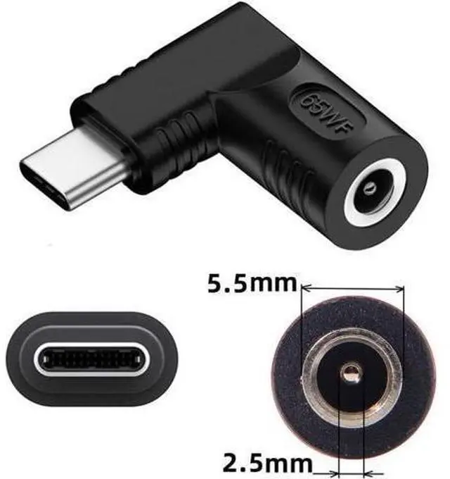 Alt view image 2 of 7 - DC Jack 5.5x2.5mm Input to USB-C Type-C Angled 90 Degree Power Plug Charge Adapter for Laptop Phone