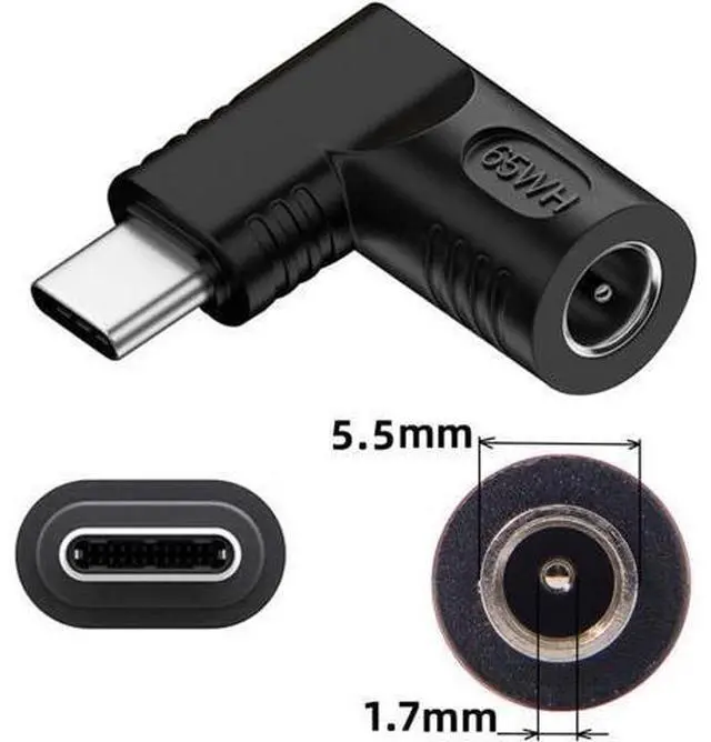 Alt view image 7 of 7 - DC Jack 5.5x1.7mm Input to USB-C Type-C Angled 90 Degree Power Plug Charge Adapter for Laptop Phone