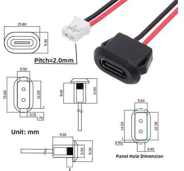 Alt view image 2 of 7 - 5pcs/Set DIY OEM Type C Female Socket to 2Pin Header Cable Pitch=2.0mm Latch Mount Type DC 5V Power