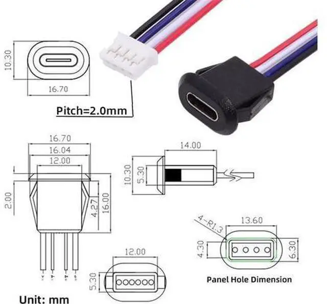 Alt view image 2 of 7 - 5pcs/Set DIY OEM Type C Female Socket to 4Pin Header Cable Pitch=2.0mm Latch Mount Type DC 5V Power