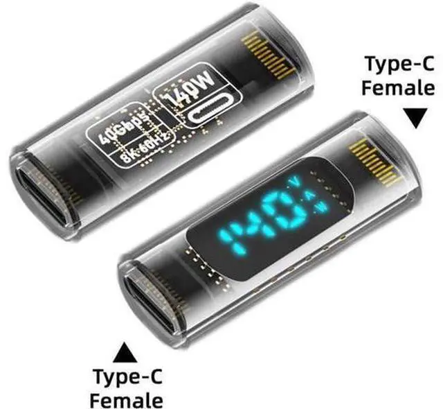 Alt view image 2 of 7 - Adapter Transparent Type-C Smart LED Display USB-C Female to Female Extension Adapter USB4.0 40Gbps 140W Current Voltage Monitoring Tester Detector