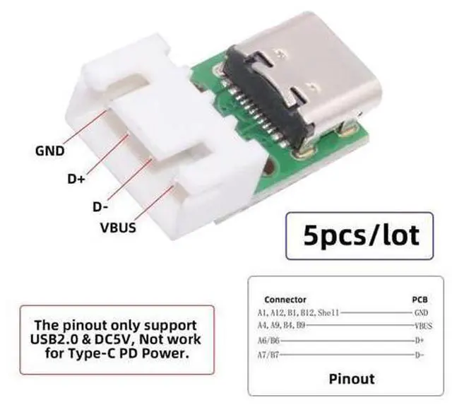 Alt view image 4 of 7 - 5 Pack USB C DIY Connector, Pitch 2.54mm 4Pin to USB 2.0 Type C Female Socket Port Repair Replacement Solder Adapter with Wafer Socket
