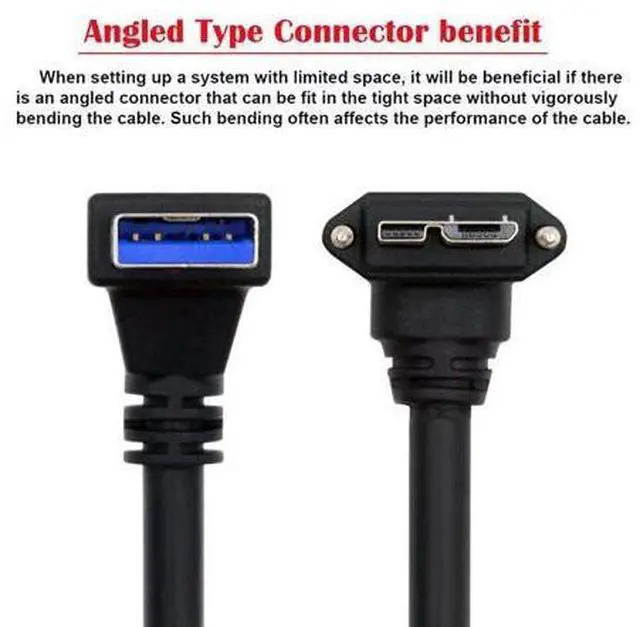 Alt view image 7 of 7 - Down Angled 90 Degree USB 3.0 A Male to Micro-B 3.0 Plug Down Angled Locking Screw Panel Cable 25cm