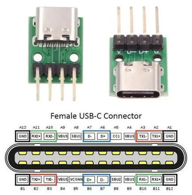 Alt view image 3 of 7 - 5 Pack USB C DIY Connector, Pitch 2.54mm 4Pin to USB 2.0 Type C Female Socket Port Repair Replacement Solder Adapter