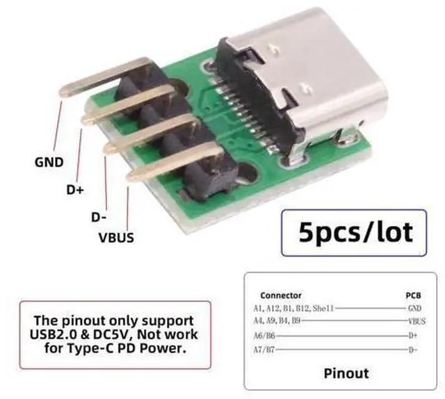 Alt view image 4 of 7 - 5 Pack USB C DIY Connector, Pitch 2.54mm 4Pin to USB 2.0 Type C Female Socket Port Repair Replacement Solder Adapter