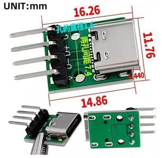 Alt view image 5 of 7 - 5 Pack USB C DIY Connector, Pitch 2.54mm 4Pin to USB 2.0 Type C Female Socket Port Repair Replacement Solder Adapter