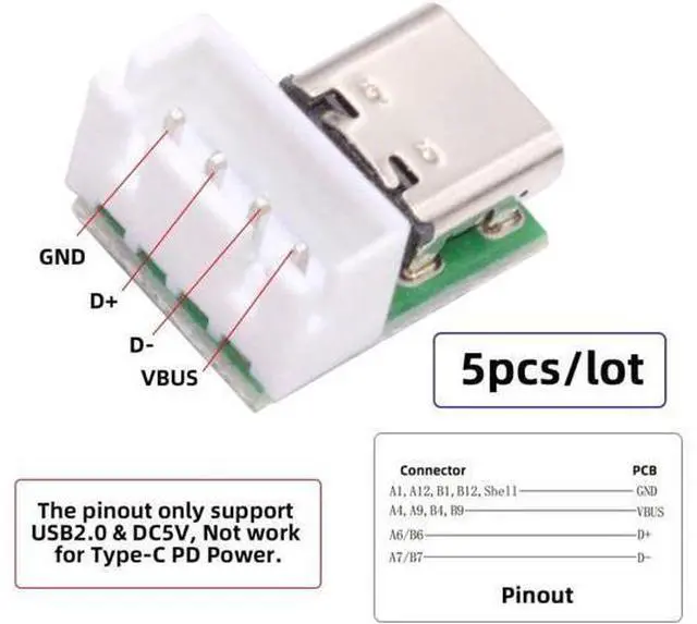Alt view image 2 of 7 - 5 Pack USB C DIY Connector, Pitch 2.54mm Vertical 4Pin to USB 2.0 Type C Female Socket Port Repair Replacement Solder Adapter with Wafer Socket