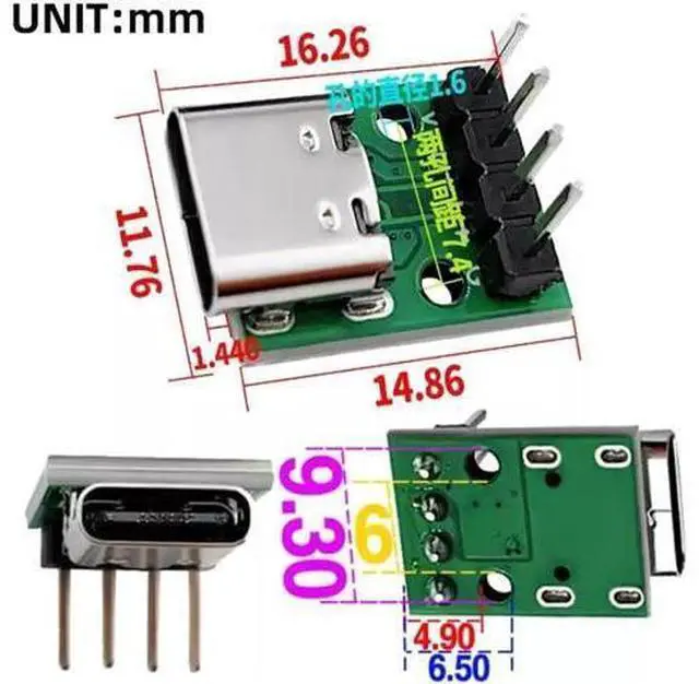 Alt view image 6 of 7 - 5 Pack USB C DIY Connector, Pitch 2.54mm Vertical 4Pin to USB 2.0 Type C Female Socket Port Repair Replacement Solder Adapter
