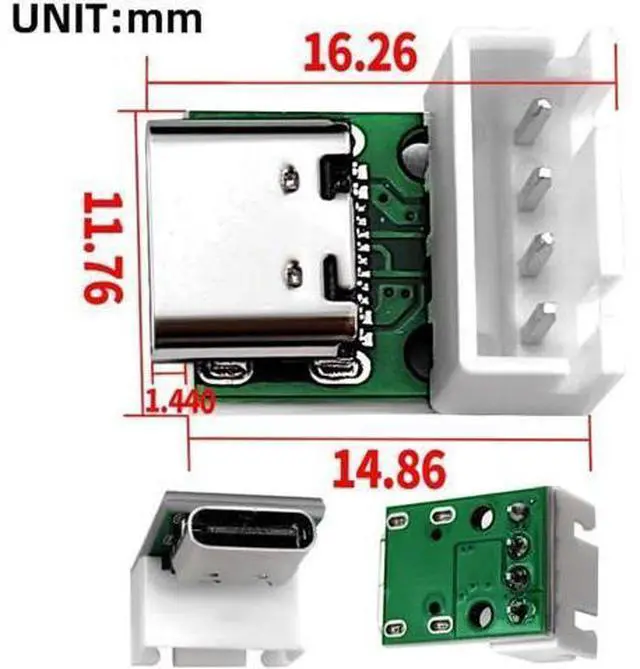Alt view image 6 of 7 - 5 Pack USB C DIY Connector, Pitch 2.54mm Vertical 4Pin to USB 2.0 Type C Female Socket Port Repair Replacement Solder Adapter with Wafer Socket
