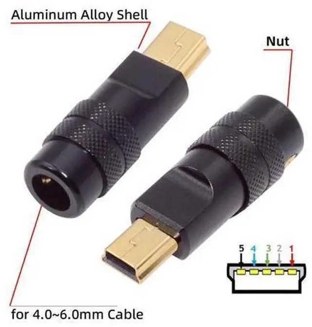 Alt view image 6 of 7 - Mini USB DIY Connector Aluminum Alloy Mini USB 2.0 5Pin Male Plug Port Repair Replacement Solder Adapter for OD 4.0-6.0mm Cable