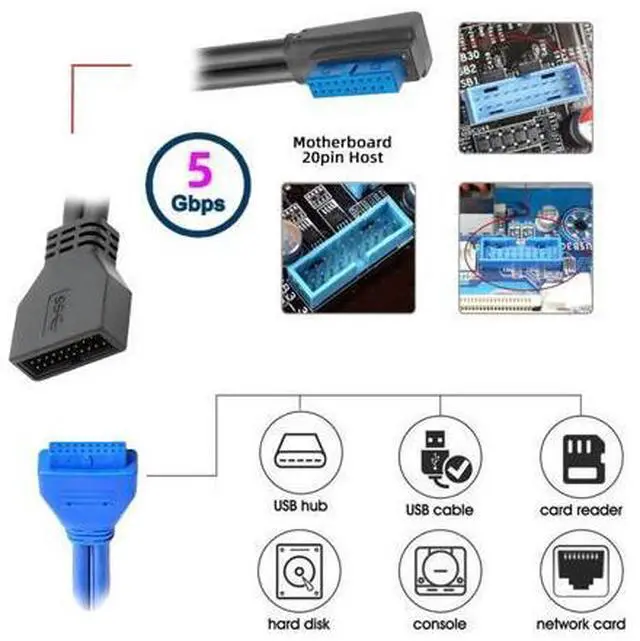 Alt view image 7 of 7 - Cord Left Angled Low Profile USB 3.0 20Pin 19Pin Male to Female Extension 5Gbps Cable 90 Degree for Motherboard