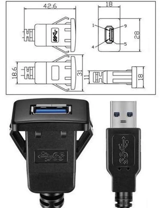 Alt view image 2 of 7 - USB 3.0 Flush Mount Male to Female Extension Cable for Car Dashboard Panel Mount 1.0M