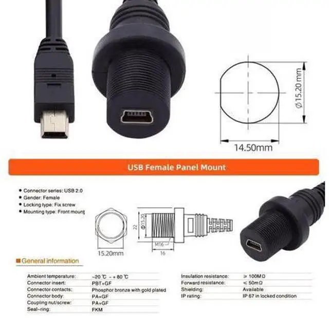 Alt view image 5 of 7 - Mini USB 5Pin Flush Mount Male to Female Extension Cable for Car Dashboard Panel Mount Waterproof Dustproof