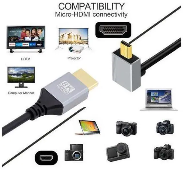 Alt view image 5 of 7 - 90 Degree Up Angled Micro HDMI 2.1 Ultra Thin HDTV Cable 8K 4K Hyper Super Flexible Slim Cord Type-A to Type-D for Camera HDTV 50cm
