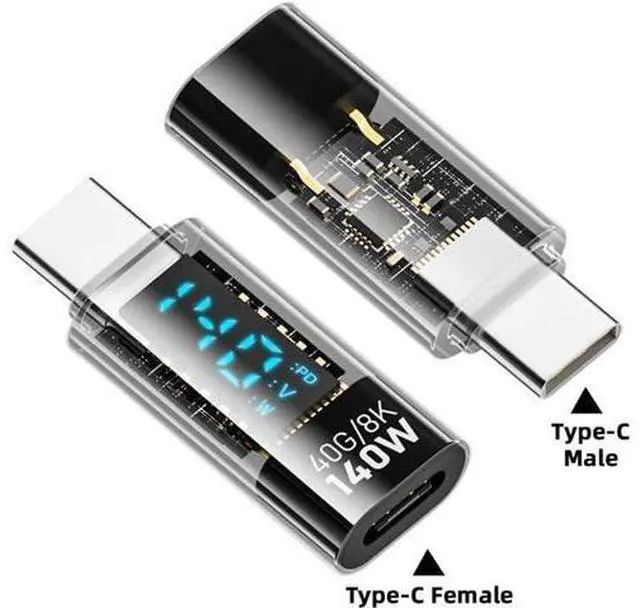 Alt view image 2 of 7 - Adapter Transparent Type-C Smart LED Display USB-C Male to Female Extension Adapter USB4.0 40Gbps 140W Current Voltage Monitoring Tester Detector
