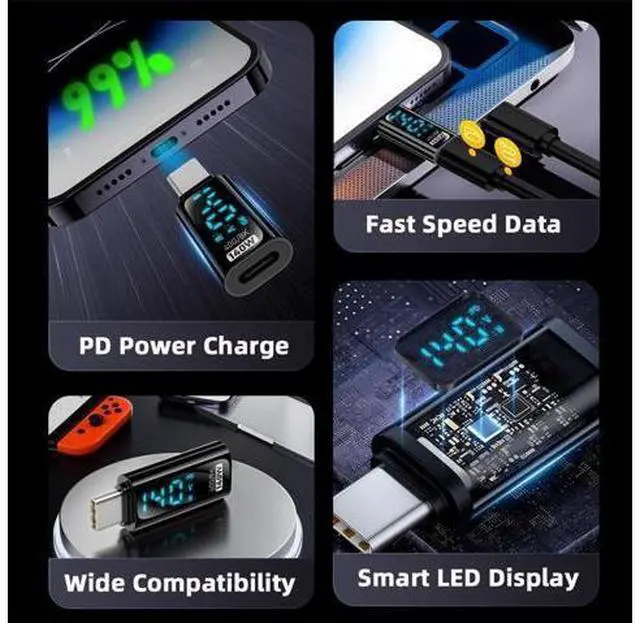 Alt view image 7 of 7 - Adapter Transparent Type-C Smart LED Display USB-C Male to Female Extension Adapter USB4.0 40Gbps 140W Current Voltage Monitoring Tester Detector