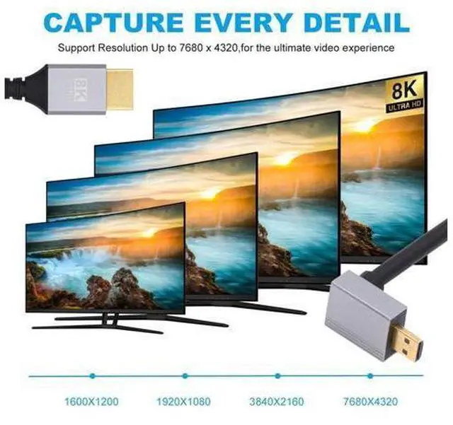 Alt view image 5 of 7 - 90 Degree Down Angled Micro HDMI 2.1 Ultra Thin HDTV Cable 8K 4K Hyper Super Flexible Slim Cord Type-A to Type-D for Camera HDTV 50cm