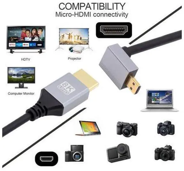 Alt view image 6 of 7 - 90 Degree Down Angled Micro HDMI 2.1 Ultra Thin HDTV Cable 8K 4K Hyper Super Flexible Slim Cord Type-A to Type-D for Camera HDTV 50cm