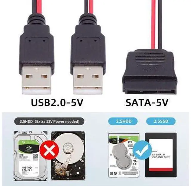 Alt view image 2 of 7 - DC 5V Dual USB to SATA 15Pin Power Cable for 2.5 inch SATA HDD SSD Disk Driver 5V 2A Max