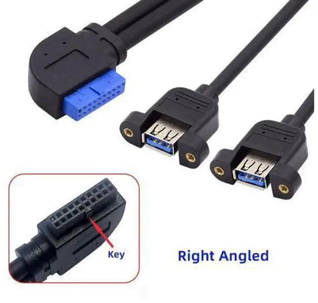 Alt view image 2 of 7 - 2 Ports USB 3.0 Female to Motherboard 20Pin Male Cable for Front Panel Screw Mount Type 30cm 90 Degree Right Angled