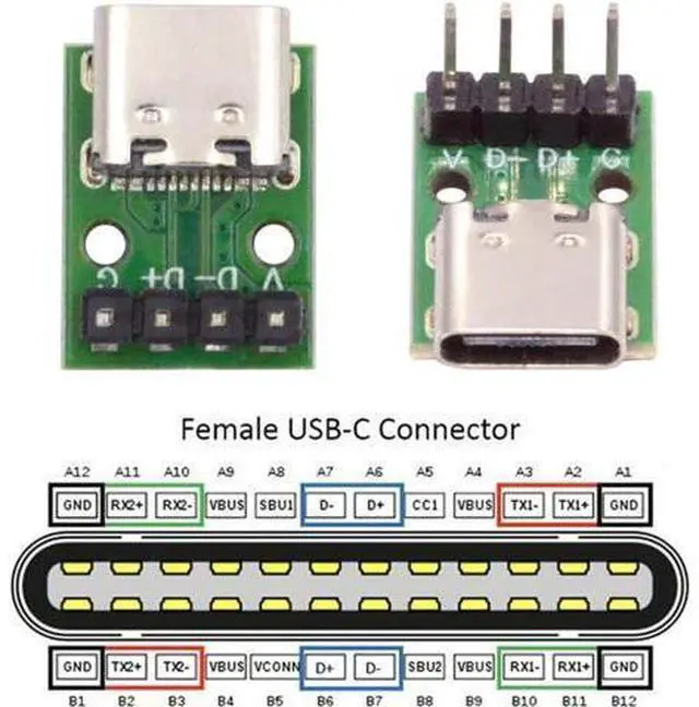 Alt view image 3 of 7 - 5 Pack USB C DIY Connector, Pitch 2.54mm Vertical 4Pin to USB 2.0 Type C Female Socket Port Repair Replacement Solder Adapter