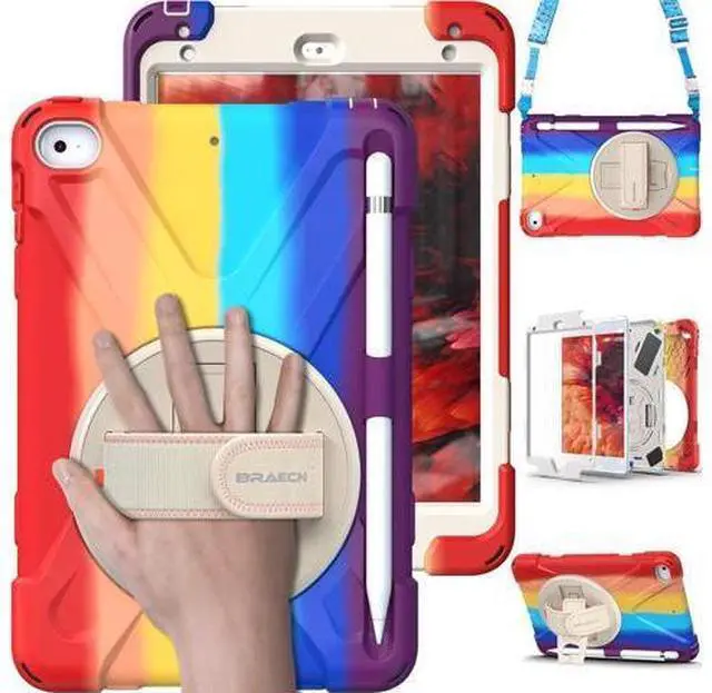 Main image of iPad Mini 5 Case, iPad Mini 5th Generation Case, Protective Shockproof Rugged Kids Case with Pencil Holder, Hand Strap, Shoulder Strap, Kickstand for Apple iPad Mini 5/4 -Rainbow