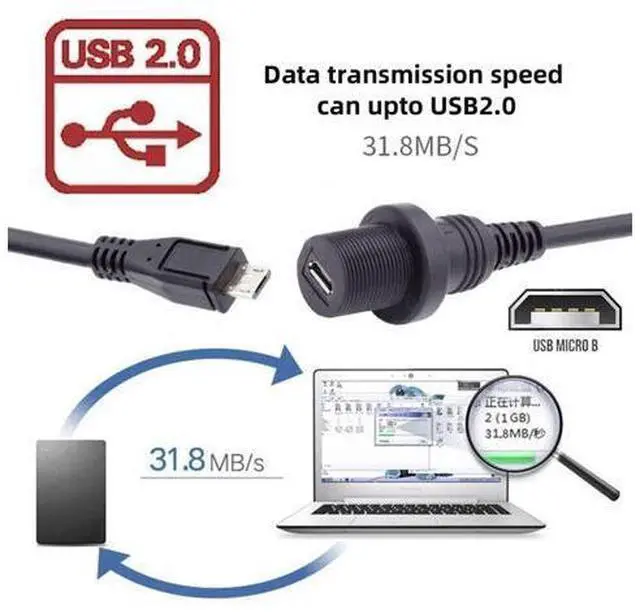 Alt view image 6 of 7 - Micro USB 5Pin Flush Mount Male to Female Extension Cable for Car Dashboard Panel Mount Waterproof Dustproof