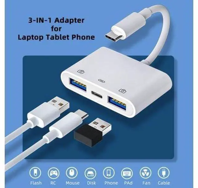Alt view image 4 of 7 - 3 in 1 USB C to 2 USB 3.0 Socket OTG Adapter with PD 24W Charge for Laptop Tablet Phone
