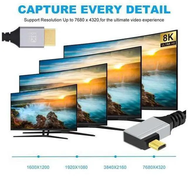 Alt view image 4 of 7 - 90 Degree Right Angled Micro HDMI 2.1 Ultra Thin HDTV Cable 8K 4K Hyper Super Flexible Slim Cord Type-A to Type-D for Camera HDTV 50cm