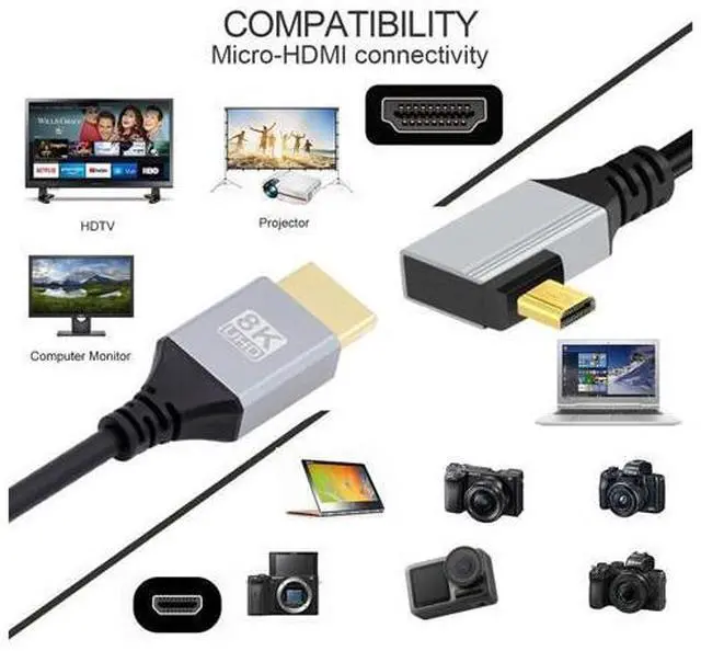 Alt view image 5 of 7 - 90 Degree Right Angled Micro HDMI 2.1 Ultra Thin HDTV Cable 8K 4K Hyper Super Flexible Slim Cord Type-A to Type-D for Camera HDTV 50cm