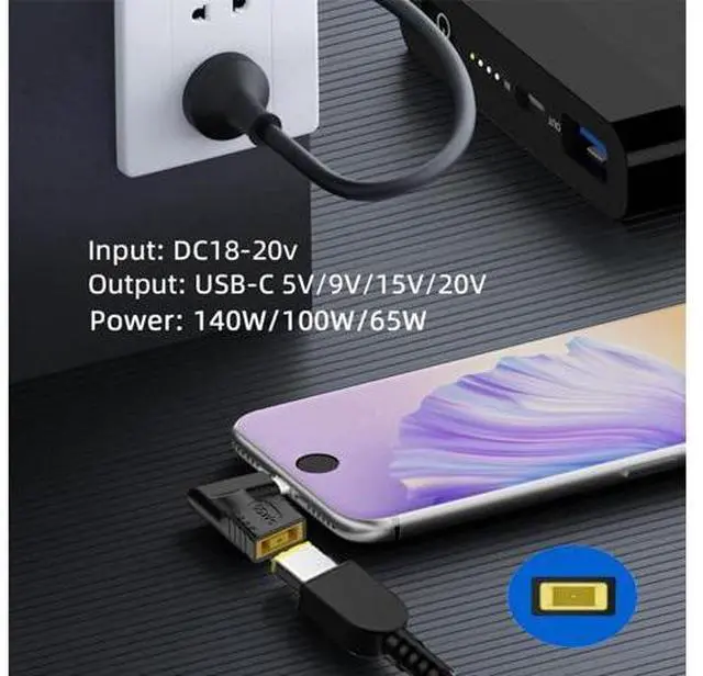Alt view image 5 of 7 - 140W 100W Rectangle Jack Thinkpad X1 Input to USB-C Type-C Angled 90 Degree Power Plug Charge Adapter for Laptop Phone
