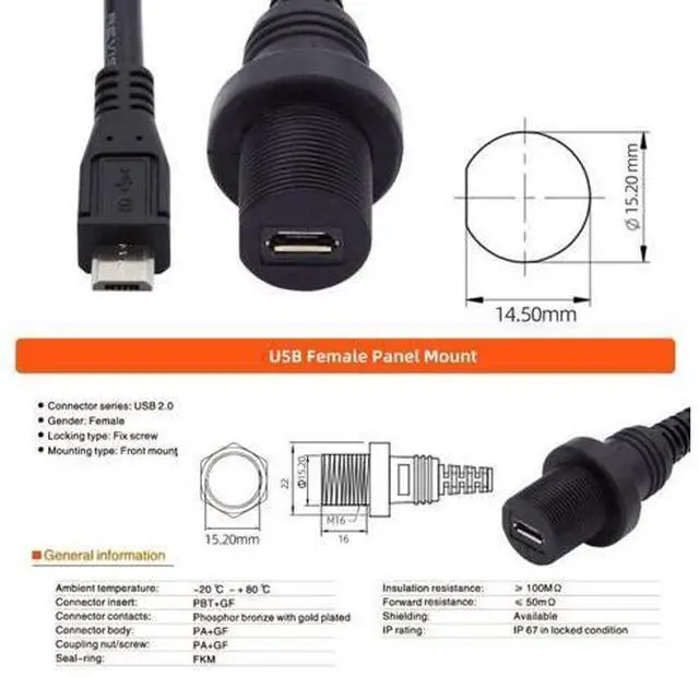 Alt view image 5 of 7 - Micro USB 5Pin Flush Mount Male to Female Extension Cable for Car Dashboard Panel Mount Waterproof Dustproof