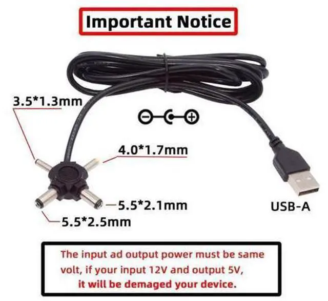 Alt view image 2 of 7 - 4 in 1 DC 5V 5.5x2.5mm 5.5x2.1mm 4.0x1.7mm 3.5x1.3mm to USB 2.0 Power Plug Barrel Connector Charge Cable 1.5M