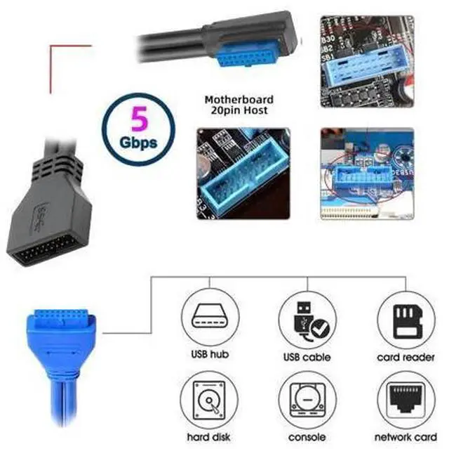 Alt view image 7 of 7 - Cord Right Angled Low Profile USB 3.0 20Pin 19Pin Male to Female Extension 5Gbps Cable 90 Degree for Motherboard