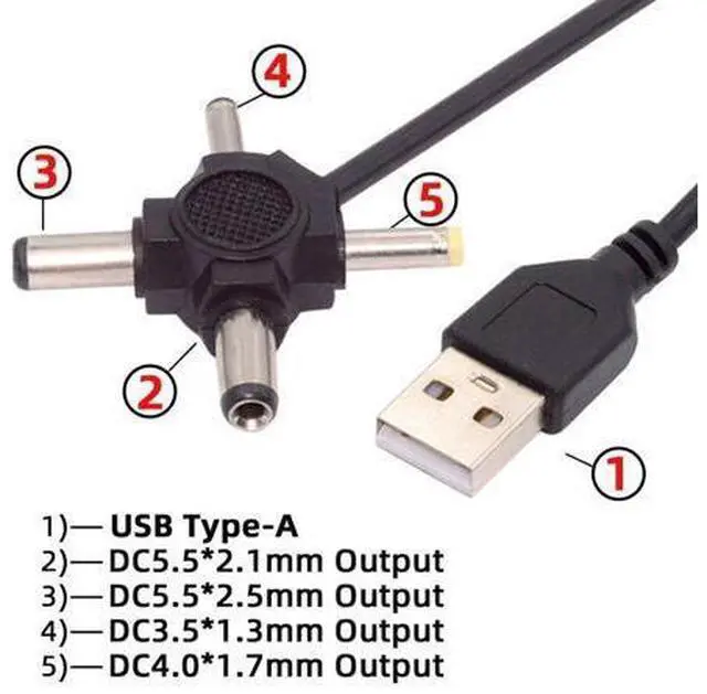 Alt view image 4 of 7 - 4 in 1 DC 5V 5.5x2.5mm 5.5x2.1mm 4.0x1.7mm 3.5x1.3mm to USB 2.0 Power Plug Barrel Connector Charge Cable 1.5M