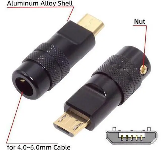 Alt view image 3 of 6 - Micro USB2.0 5Pin Male Plug Connector Solder Type with Aluminum Alloy Shell Black Customization for 4.0mm~6.0mm Cable