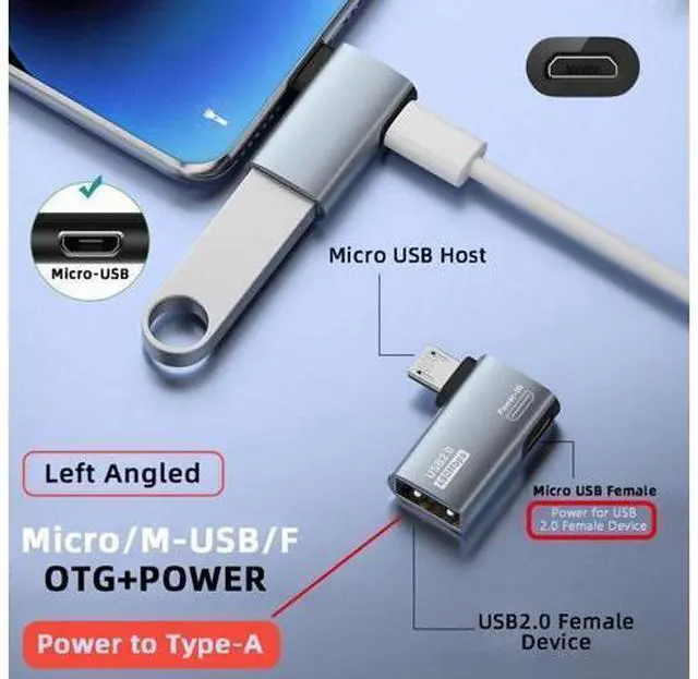 Alt view image 3 of 7 - 2 in 1 Micro USB OTG Power Adapter Micro USB Male to USB 2.0 Female 90 Degree Left Angled Connector Adapter