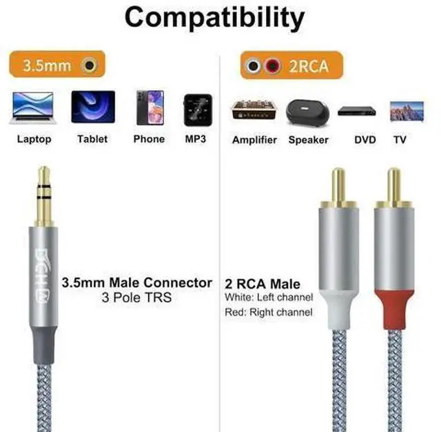 Alt view image 3 of 6 - DCHAV 3.5mm to RCA Audio Cable 4ft 2 Male RCA Aux Cord Adapter Headphone Jack Y Splitter for Speaker Stereo Car Subwoofer TV MP3 Laptop Amplifier with Nylon Braided Wire Gold Plated Plug Red White