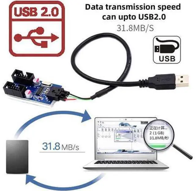 Alt view image 2 of 7 - USB 2.0 Type-A Male 1 to 2 Female Motherboard 9pin Header Extension HUB Connector Adapter Port Multilier