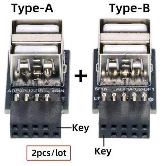 Alt view image 5 of 7 - 2 Pack USB 2.0 Front Panel Header 9/10Pin 1 Male to 2 USB 2.0 Female 90 Degree Angled Mainboard Header Port Extension Adapter
