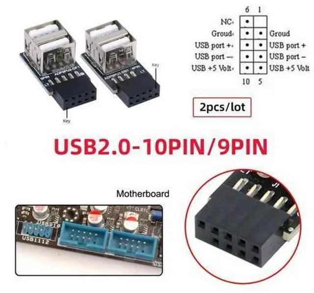 Alt view image 7 of 7 - 2 Pack USB 2.0 Front Panel Header 9/10Pin 1 Male to 2 USB 2.0 Female 90 Degree Angled Mainboard Header Port Extension Adapter