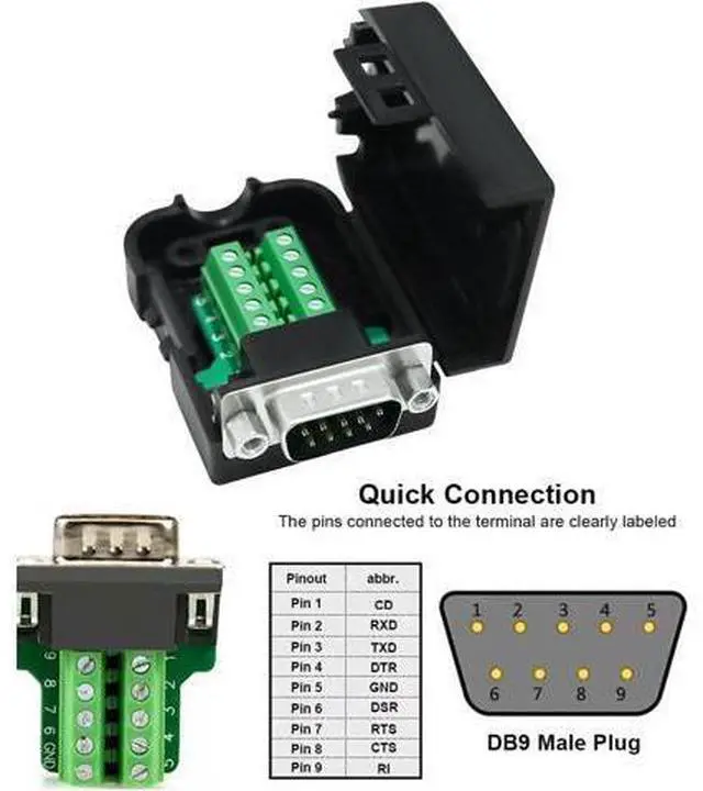 Alt view image 2 of 7 - DTECH DB9 Breakout Connector Male RS232 Connector Kit Serial Adapter DB-9 Solderless Module Board with Terminals Block, Case, Nuts and Tail Pipes (DB9 Male + Nuts)