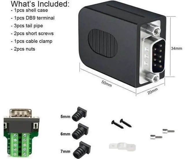 Alt view image 3 of 7 - DTECH DB9 Breakout Connector Male RS232 Connector Kit Serial Adapter DB-9 Solderless Module Board with Terminals Block, Case, Nuts and Tail Pipes (DB9 Male + Nuts)