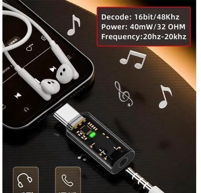 Alt view image 7 of 7 - 2 Pack USB C to 3.5mm Headphone Jack Adapter Support 16bits 48KHz HiFi Sound Quality with DAC Chip