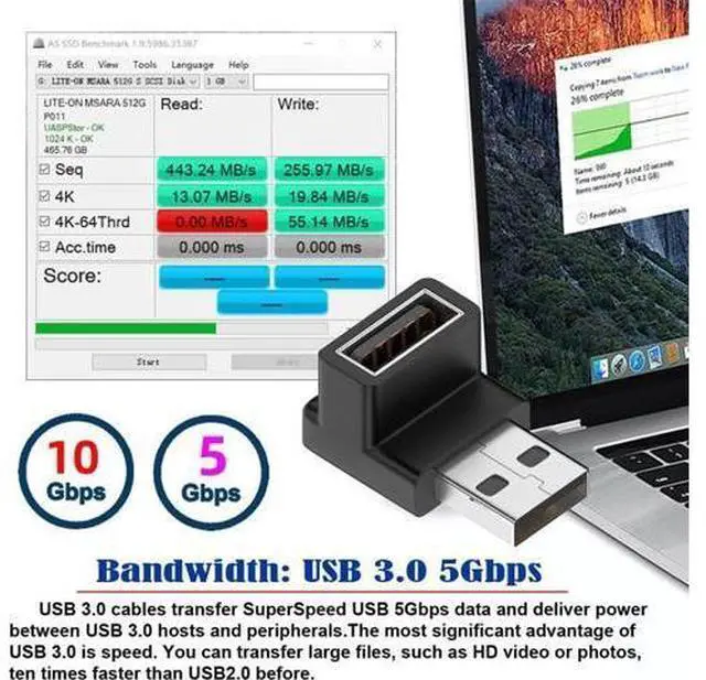 Alt view image 2 of 7 - 10Gbps USB3.0 Male to Female Extension Power Data Video Adapter 90 Degree Down Angled Type